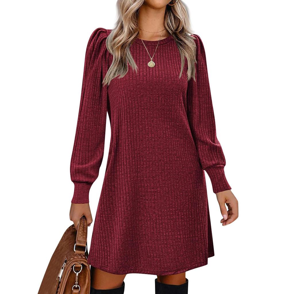 Womens Puff Long Sleeve Dress Casual Knit Crewneck Knee Length Dresses With Pockets