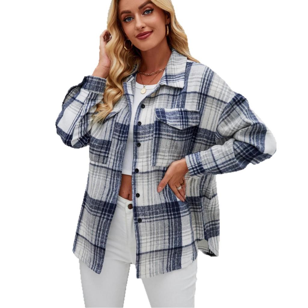 Women's European & American Plaid Woolen Shirt - Autumn/Winter Lapel Button-Up Casual Style