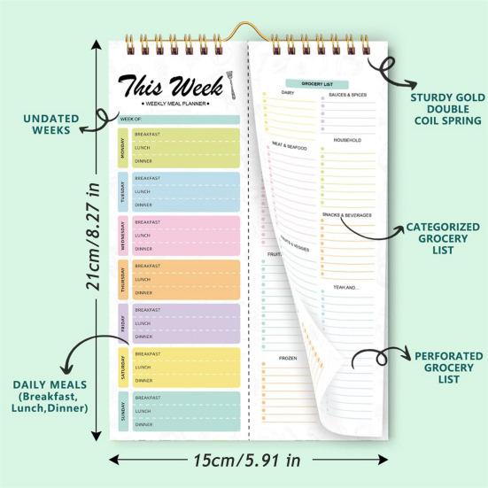 Magnetischer Wochen-Essensplaner Notizblock Wandmontiertes Essensplanungs-Pad Einkaufslisten-Notizblock Doppelhelix Abreißbar