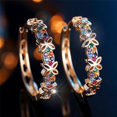 Cute Female Rainbow Crystal Zircon Flower Hoop Earrings For Women Gold Color Wedding