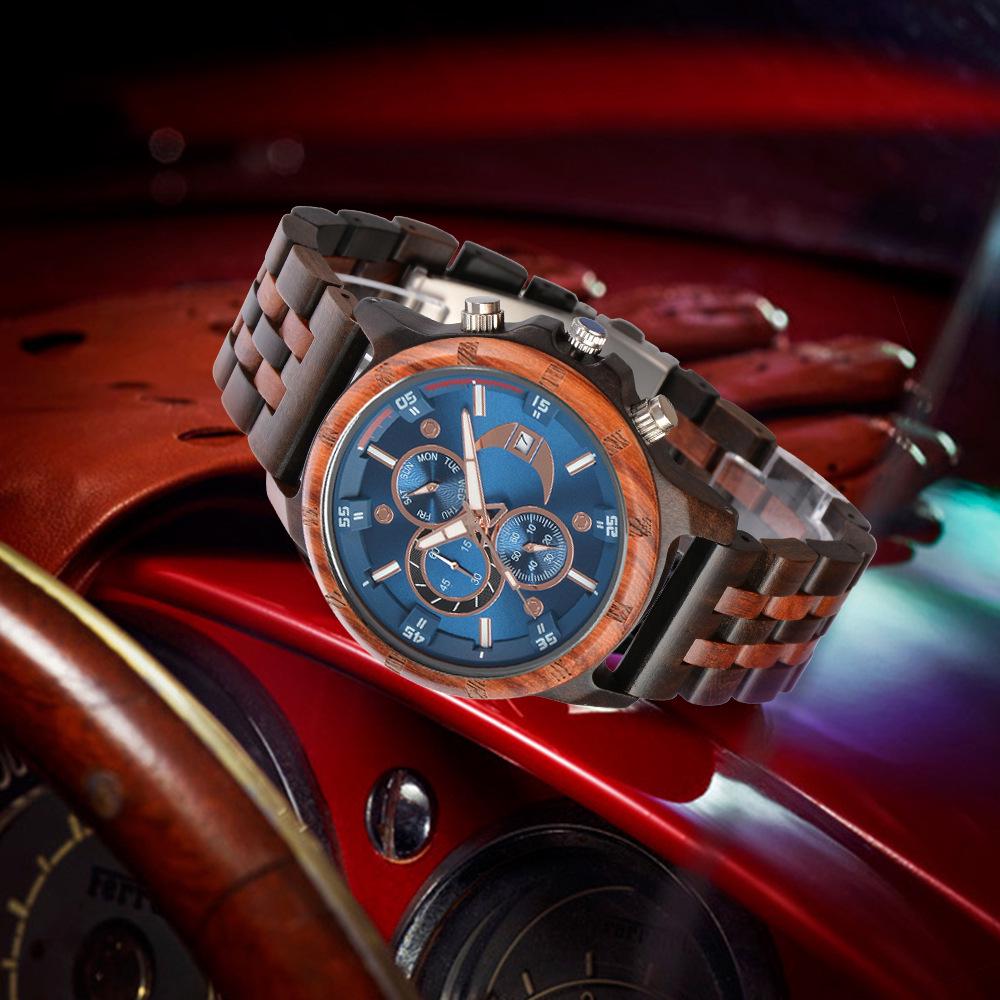 Men's Quartz Wooden Watch with Luminous Multifunctional Large Dial