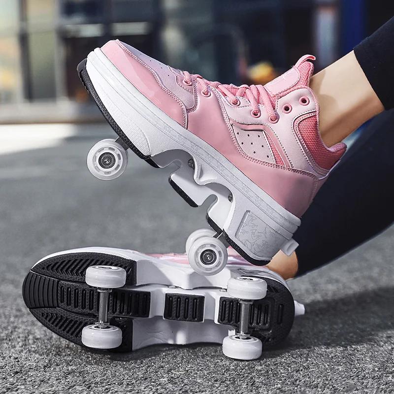 Child's 4-wheel Dual-purpose Roller Shoes Outdoor Kids Deformed Shoes With Wheels Fashion Parkour Sneakers For Girls From Gift