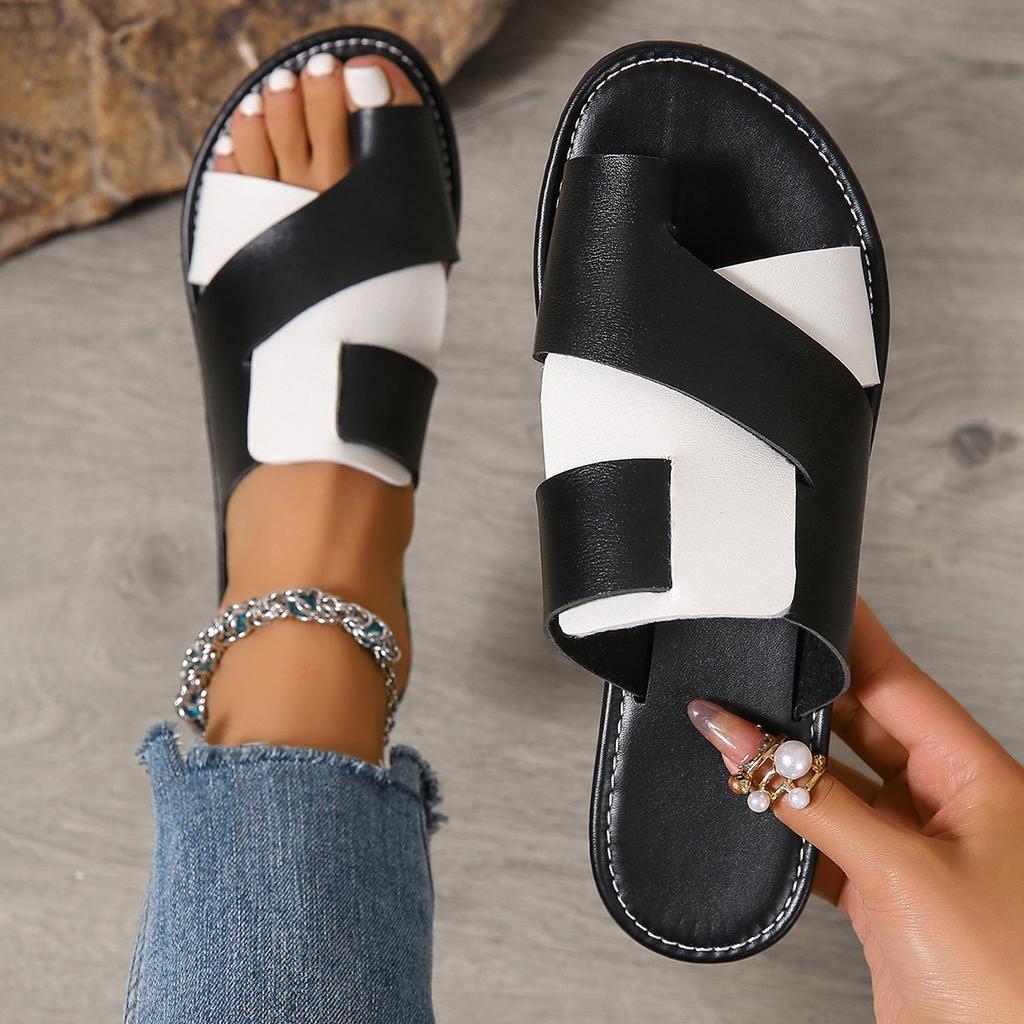 Fashion Womens Summer New Flat Non-slip PU Waterproof Womens Shoes Outdoor Casual Comfortable Beach Dress Womens Slippers Large Size 43