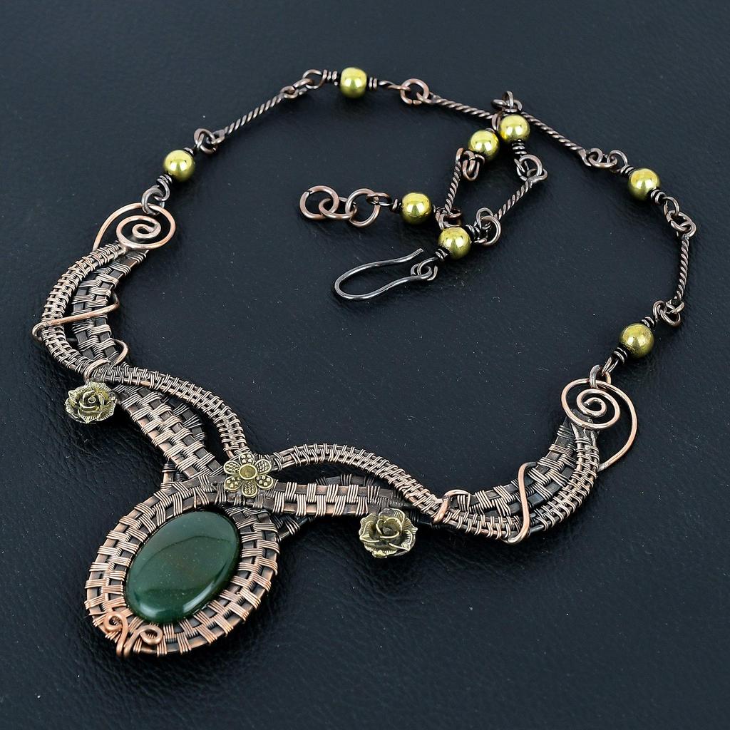 Green Jade Selenite Gemstone Handmade Necklace, 999 Copper Wire Wrapped Adjustable Chain Necklace Dainty Jewelry For Memorial Day