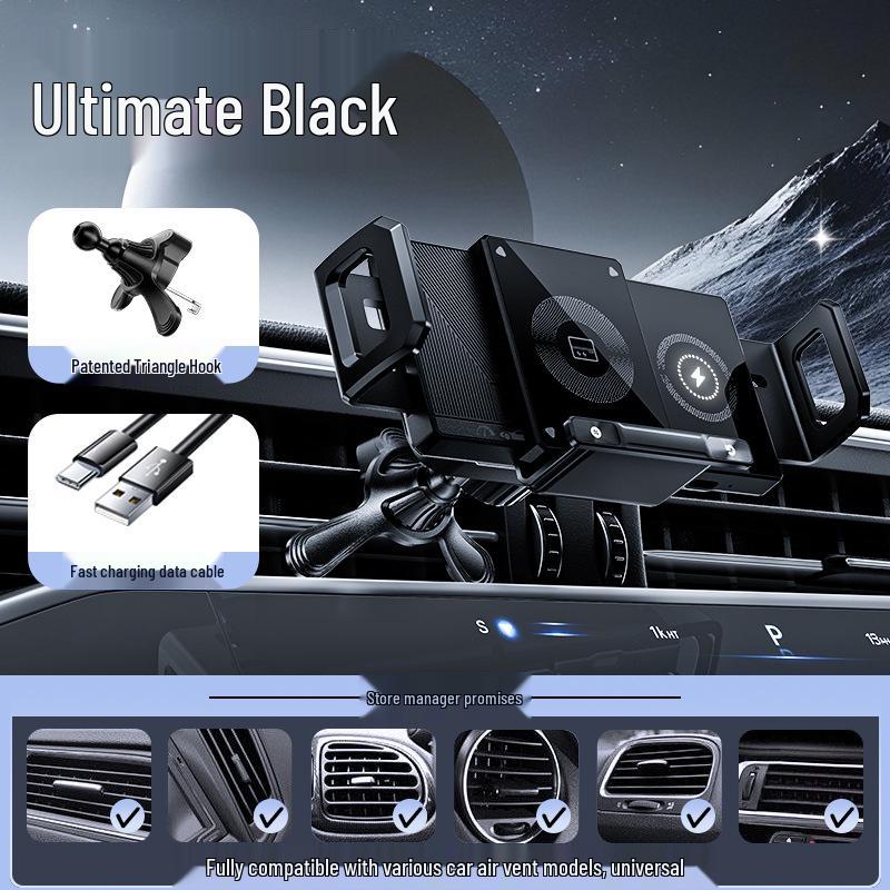 Electric Foldable Phone Holder with Wireless Charging & Clamping Arm for Horizontal/Vertical Car Mounting