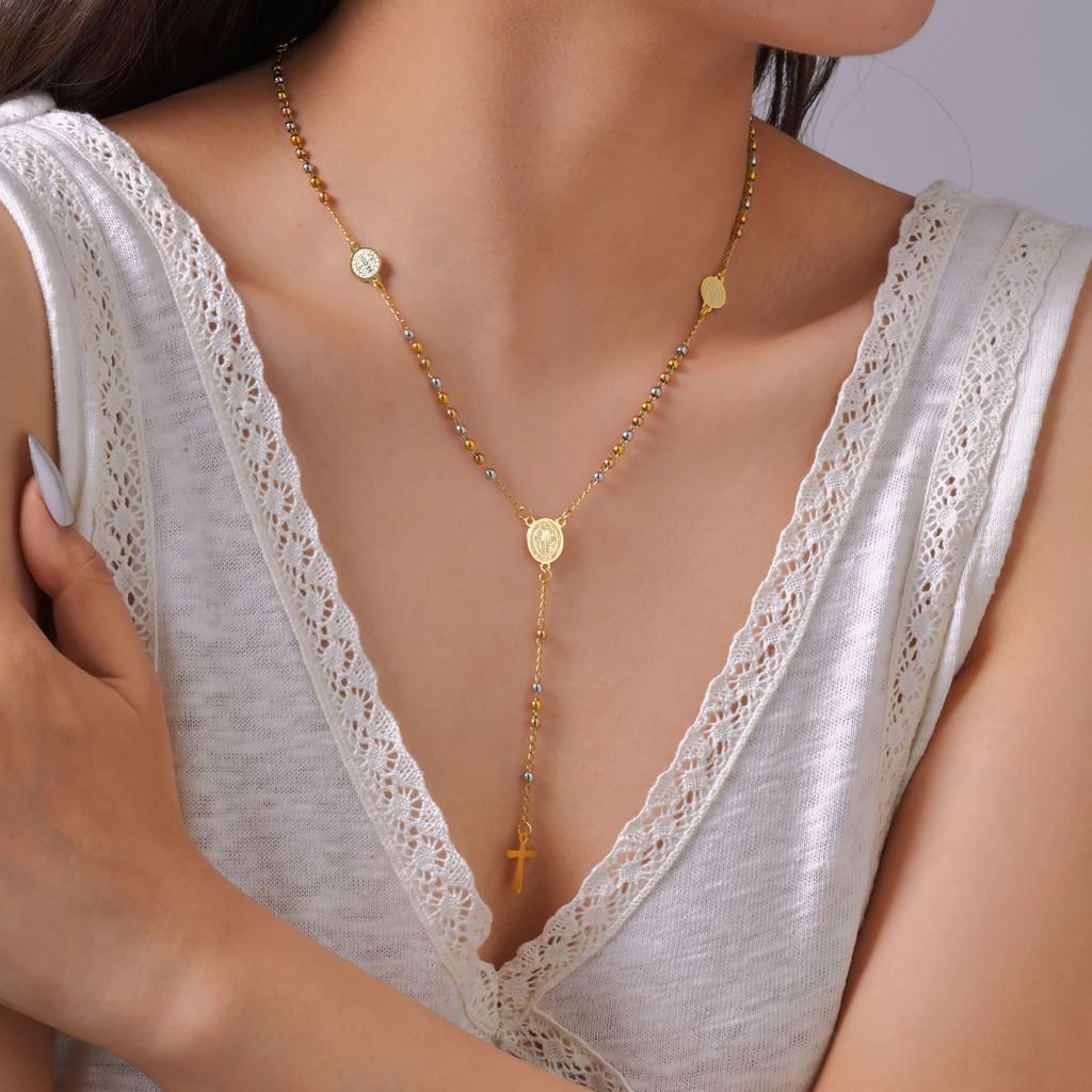 Vnox Long Rosary Necklace Accesorios Stainless Steel Virgin Mary Oval Bar With Cross Pendant Fashion Jewelry