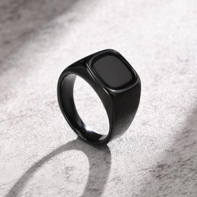 Simple Square Black Stone Square Ring Jewelry Stainless Steel Retro Black Rings Black Personality Glass Stone Rings Lady