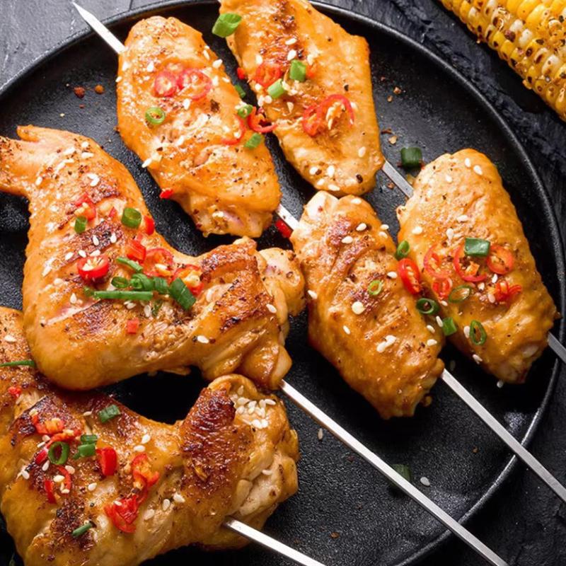 10 Adet Ahşap Saplı Haşlanma Önleyici Barbekü Şişi Yeniden Kullanılabilir 304 Paslanmaz Çelik Metal Barbekü Şişi Geniş Şişler