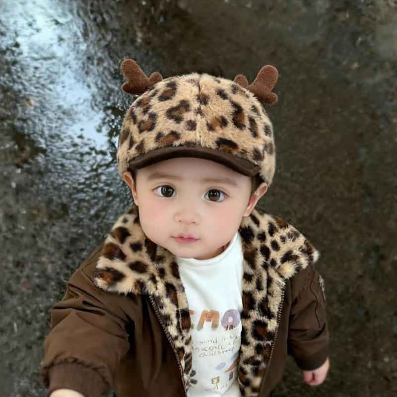 Cute Leopard Print Baby Winter Hat with Antlers - Unisex Korean Style Plush Baseball Cap