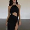 Women's Sexy Pure Black Cut Out High Slit Halterneck