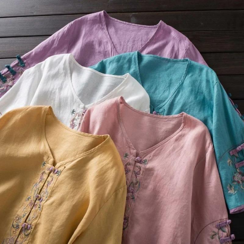 Summer Women's Clothing Shirts Blouse Blusa Mujer Vintage Casual Camisas Women Blouses Linen V Neck Embroidery