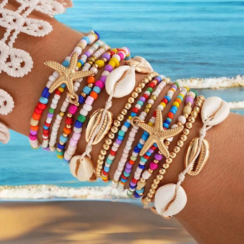 Set 14 buc Brățări de gleznă boeme cu mărgele pentru femei, vară, plajă, cu șarm scoici stea de mare, lanț de gleznă, casual, petreceri de vacanță, bijuterii cadou