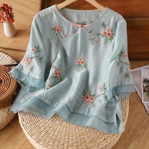 Literarisches Retro besticktes Baumwoll-Leinenhemd Sommer lässig Zen Tee Kleidung Hemd Top