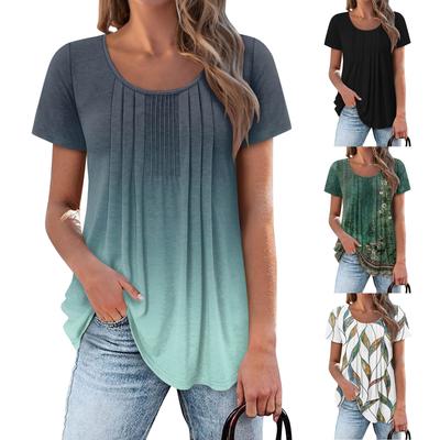 Womens Flowy Tunic Tops Short Sleeve Shirts Round Neck Ladies Blouses Summer Fashon