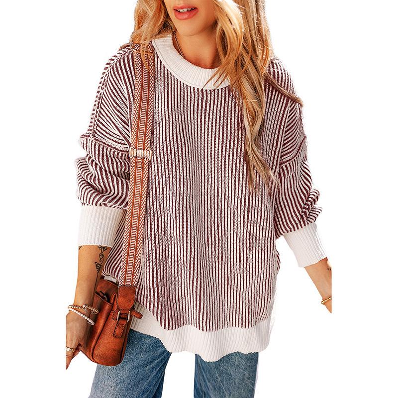 2025 Winter Striped Color Block Sweater for Women – European American Fashion, Warm Loose Versatile Knit Pullover