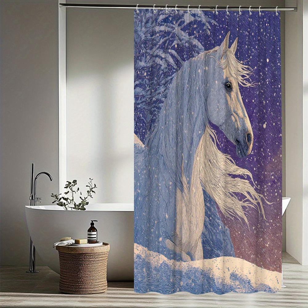 1pc Elegant White Horse in Snow Shower Curtain - 70.8x70.8 Inch, Washable Polyester Fabric with 12 Hooks, Winter-Themed Bathroom