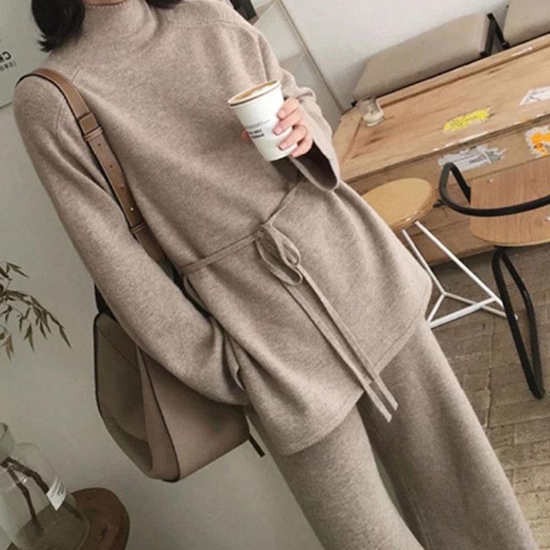 2024 Autumn/Winter Solid Color Knitted Sweater & Wide-Leg Pants Two-Piece Set with Lace-Up Top