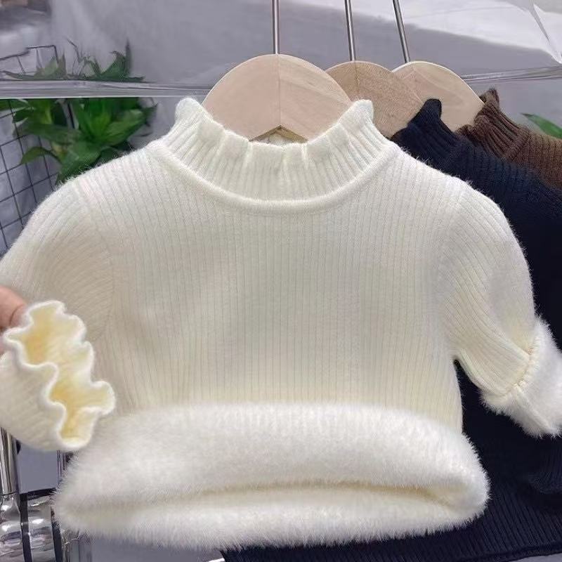 Baby Autumn Winter Thickened Fleece Knit Sweater Half Turtleneck Ruffle Collar Warm Base Layer Top