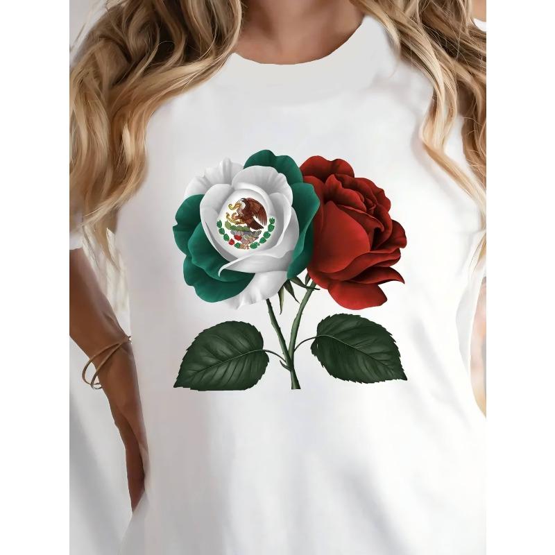 

Европейские размеры Женская футболка с принтом роз ко Дню святого Валентина, Повседневный топ с круглым вырезом и коротким рукавом, Цветочный узор, Одежда для весны/лета S белый