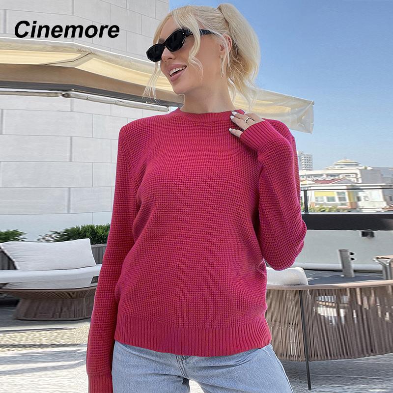 Cinemore Wiosna Jesień Damski Sweter Jednolity Oversize Casualowe Pulowery Ciepły Podstawowy Top z Długim Rękawem Okrągły Dekolt Dzianinowy Sweter Sweter