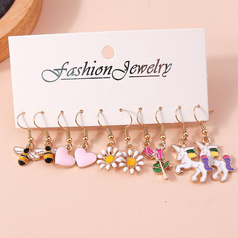Cute Enamel Love Heart Drop Earrings for Women Girls Animal Flower Butterfly Earrings Kids Jewelry Set Gifts