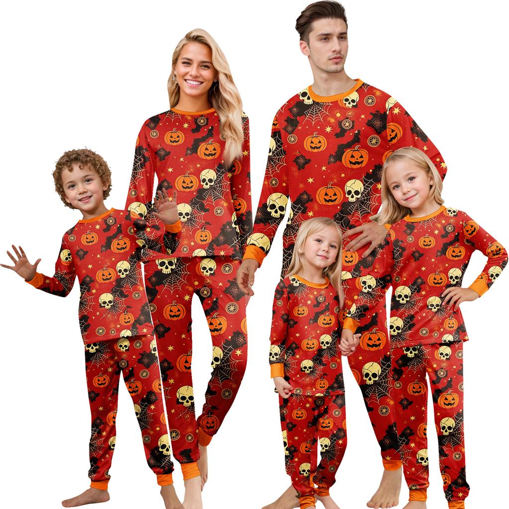 Family Matching Halloween Printed Pajama Set Long Sleeve Top and Pants for Parents and Kids