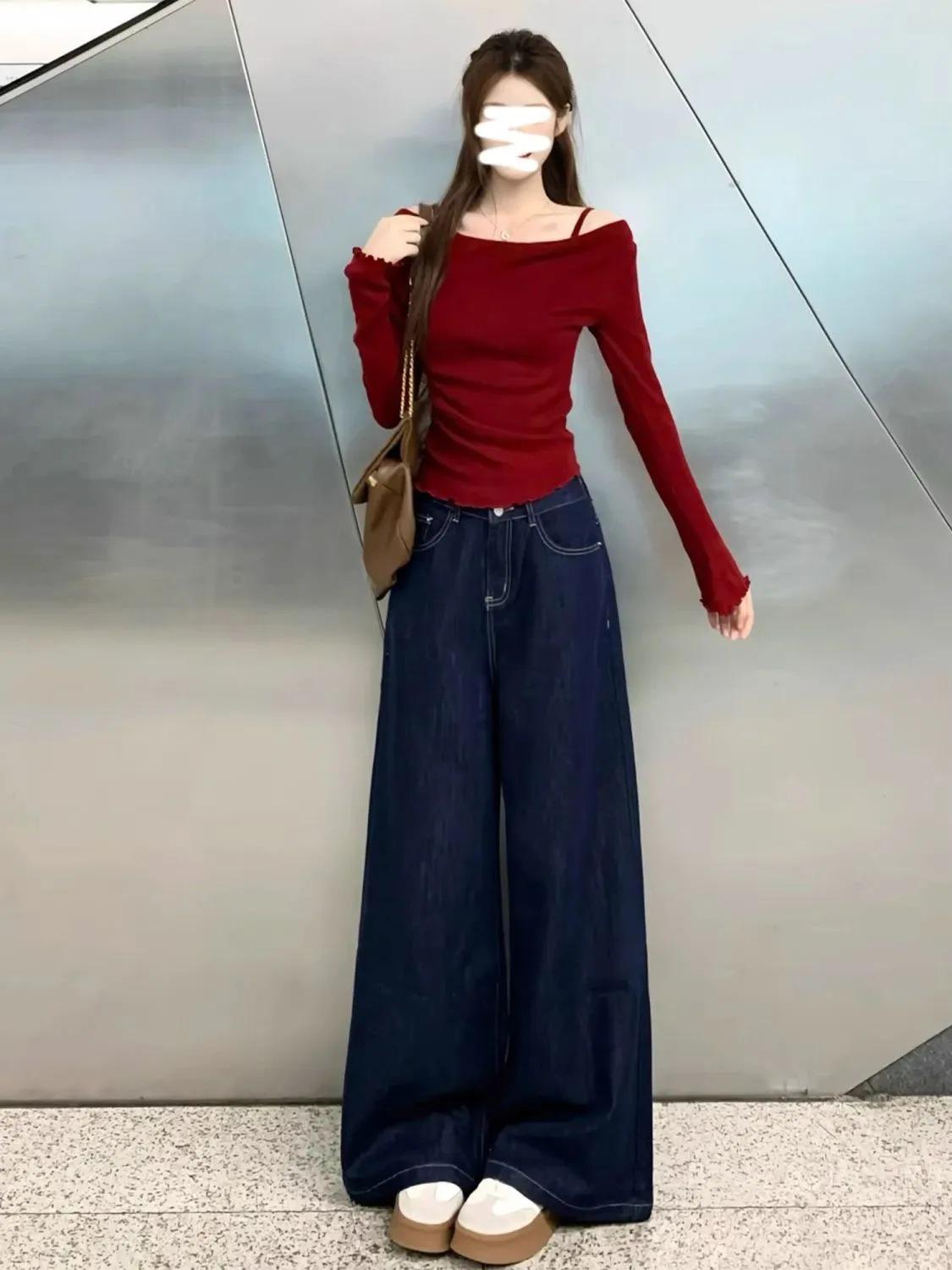 

Маленькие винтажные джинсы с высокой талией и широкими штанинами темно-синего цвета - женские осенние брюки свободного кроя длиной до пола Large темно-синий