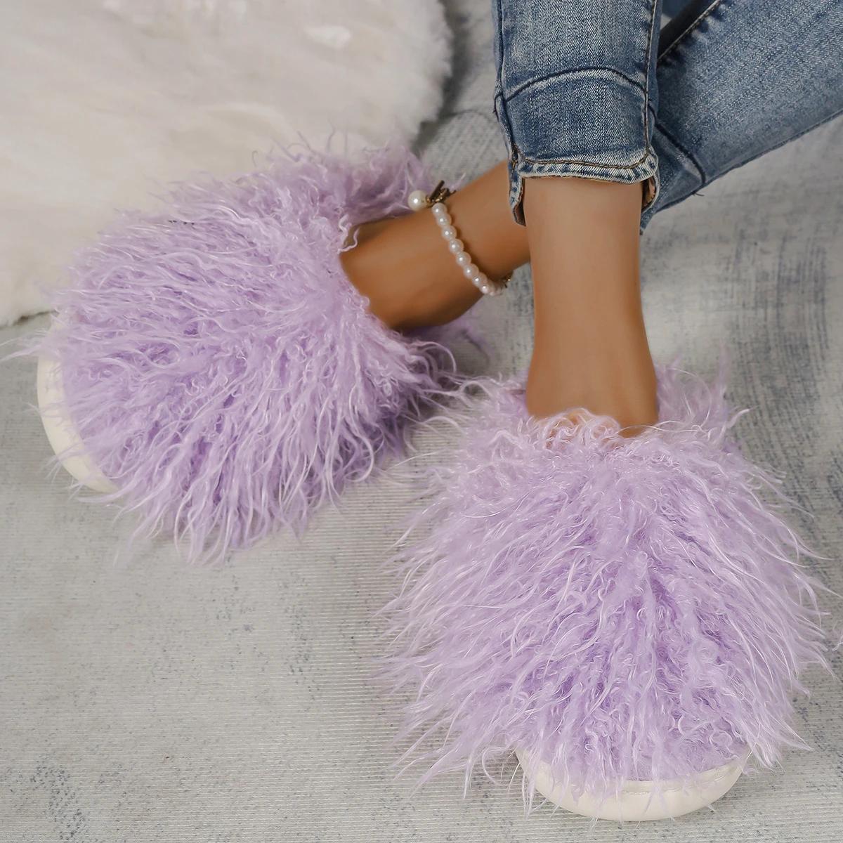 

Fashion Womens Shoes New Spring Autumn Fashion Cosplay Luxury Fluffy Faux Fur Flat with Slip-on Basic Casual Soild Round Toe Slippers 38 фіолетовий