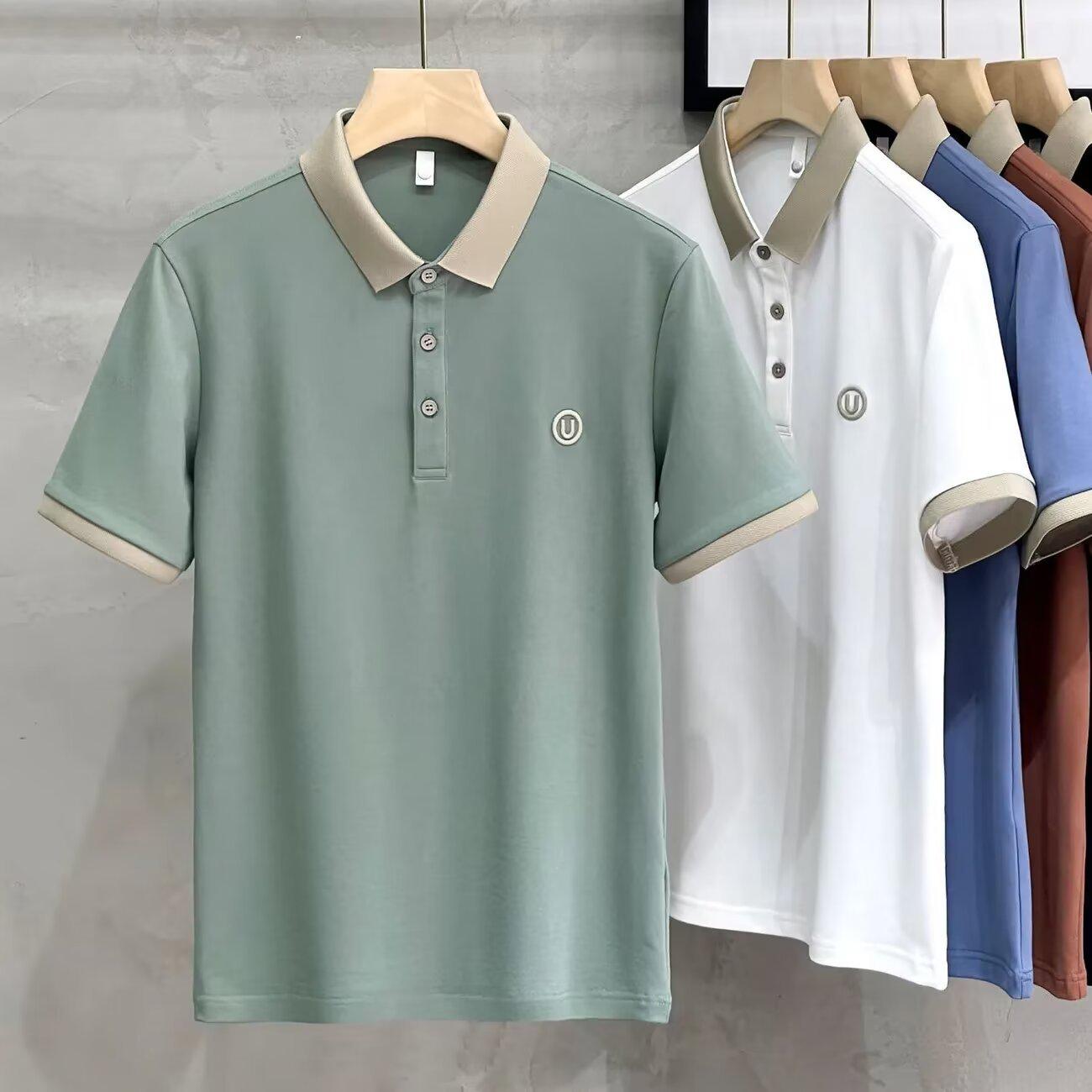

Men s British Style Light Luxury Polo Shirt with Contrasting Color Lapel, Short Sleeves, and Letter Embroidery - Casual Summer Trend. M помаранчевий