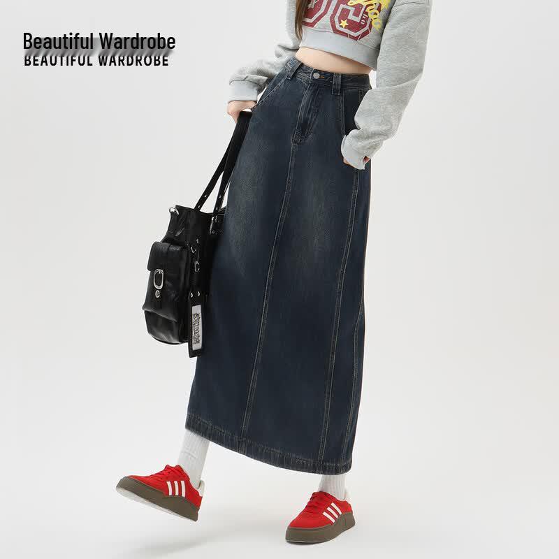 BEAUTIFUL WARDROBE Women's Retro High-Waisted Denim Midi Skirt