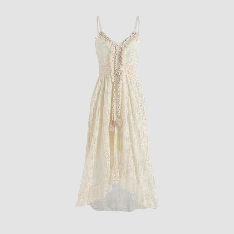 Women's Lace Maxi Dress Long Sleeve V Neck Boho Ruffle Elegant White Long Dress