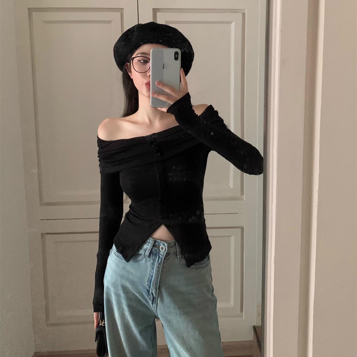 One-word shoulder striped long-sleeved knitted sweater for women s autumn sweet babes, sexy off-the-shoulder slim-fit short split ends One size