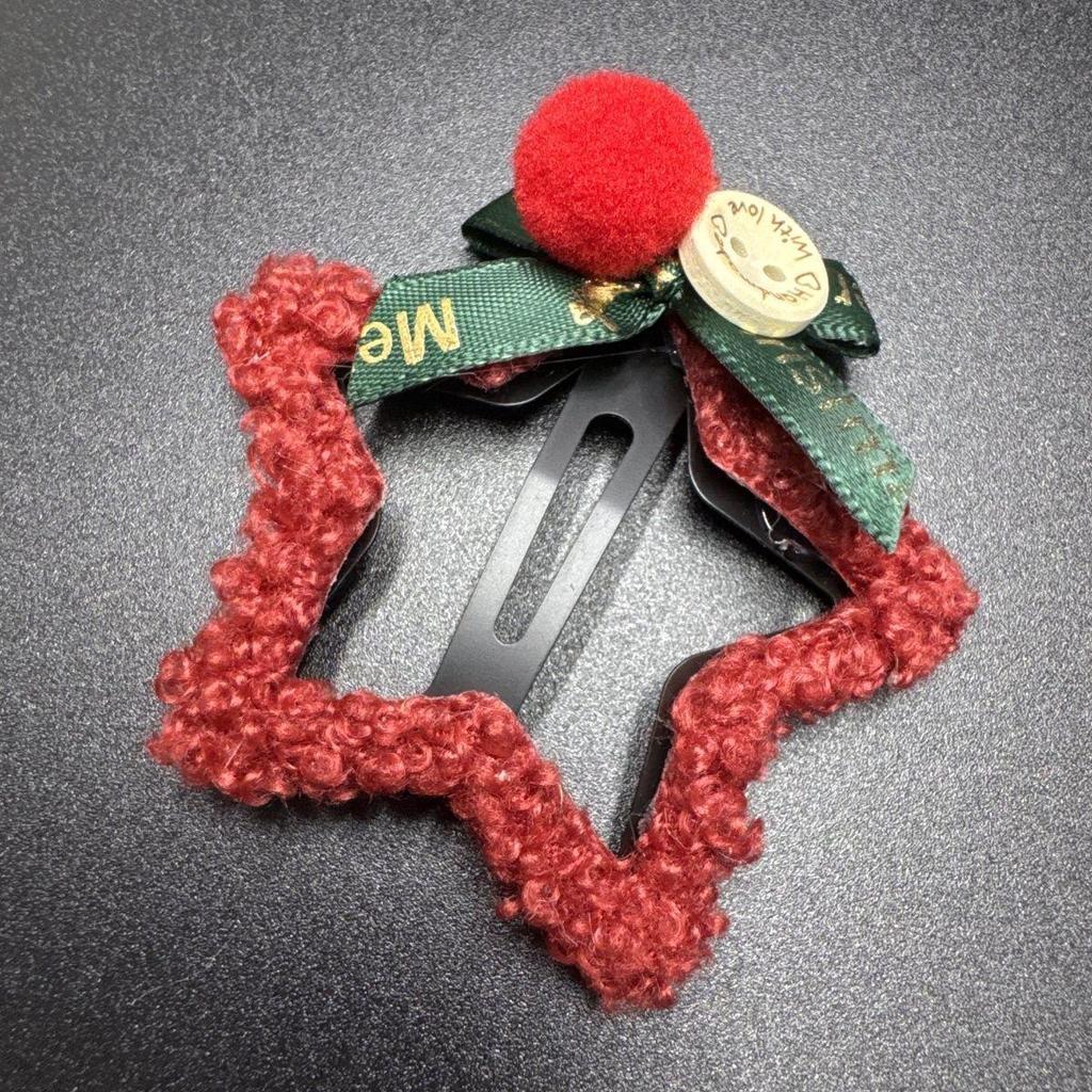 Red Plush Star BB Hair Clip Bow - New Year & Christmas Accessory