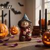 Witch With Bat Hat Decoration On Broomstick Resin Figurine, Halloween Gnome Statue with Wizard Hat, For Shelf Vintage Spooky Decor for Desk