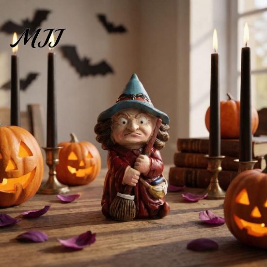 Witch With Bat Hat Decoration On Broomstick Resin Figurine, Halloween Gnome Statue with Wizard Hat, For Shelf Vintage Spooky Decor for Desk