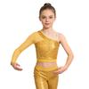 Girls Shiny Sequins Sheer Mesh Long Sleeve One Shoulder Side Zipper Crop Top
