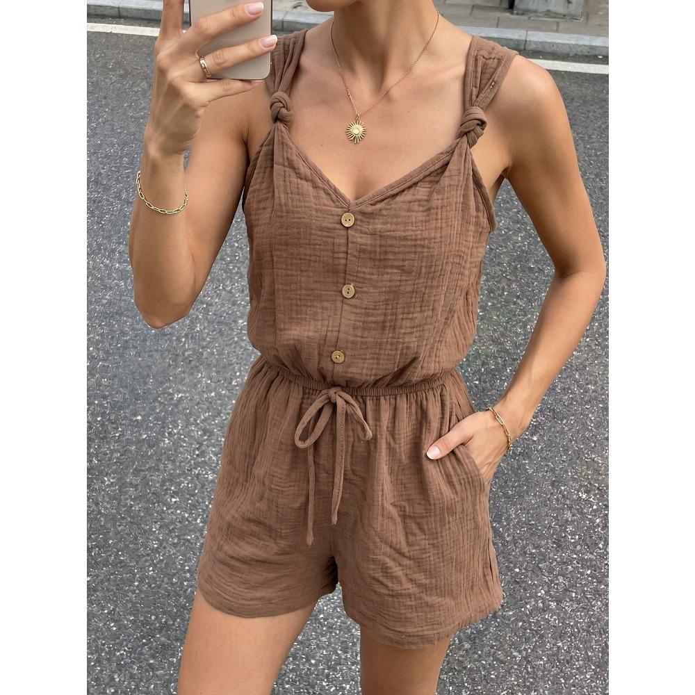 Summer New Style Casual Vacation Wear One-piece Pants with Pure Color Texture and Knotting Suspenders One-piece Short Pants