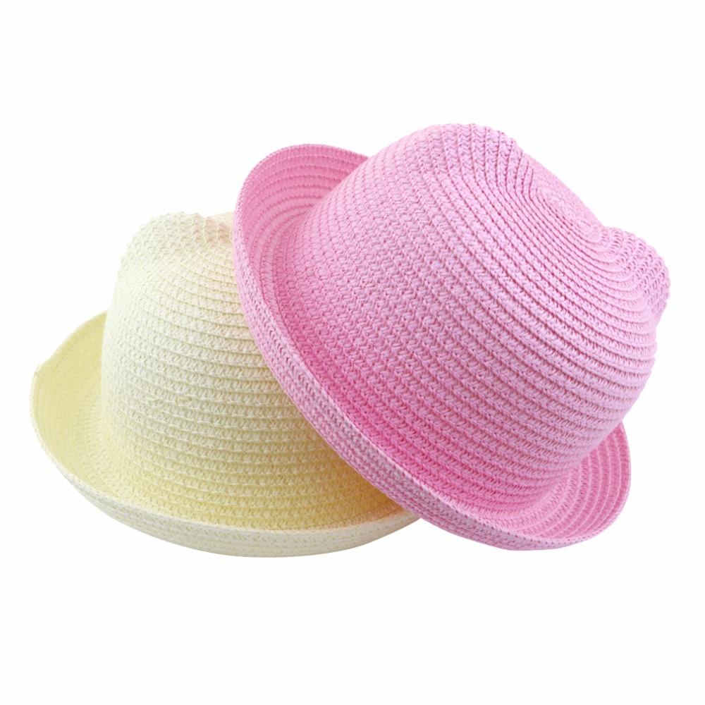 2018 Summer Baby Ear Decoration Lovely Children Character Solid Kid Floppy Panama Straw Hats Girls and Boys Sun Hat