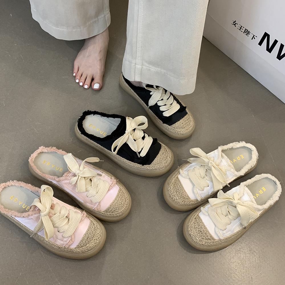 Fashion Fisherman Shoes Canvas Baotou Half Slippers Women's Summer Outside Wear 2025 Lacing Senior Sense Thick Bottom Muffin Bottom Lazy