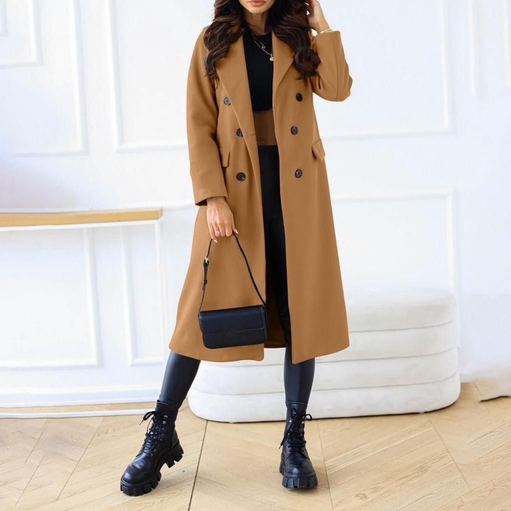 Women's Long Solid Double Breasted Long Sleeves Pocketless Coat Outwear Pocket Decoration