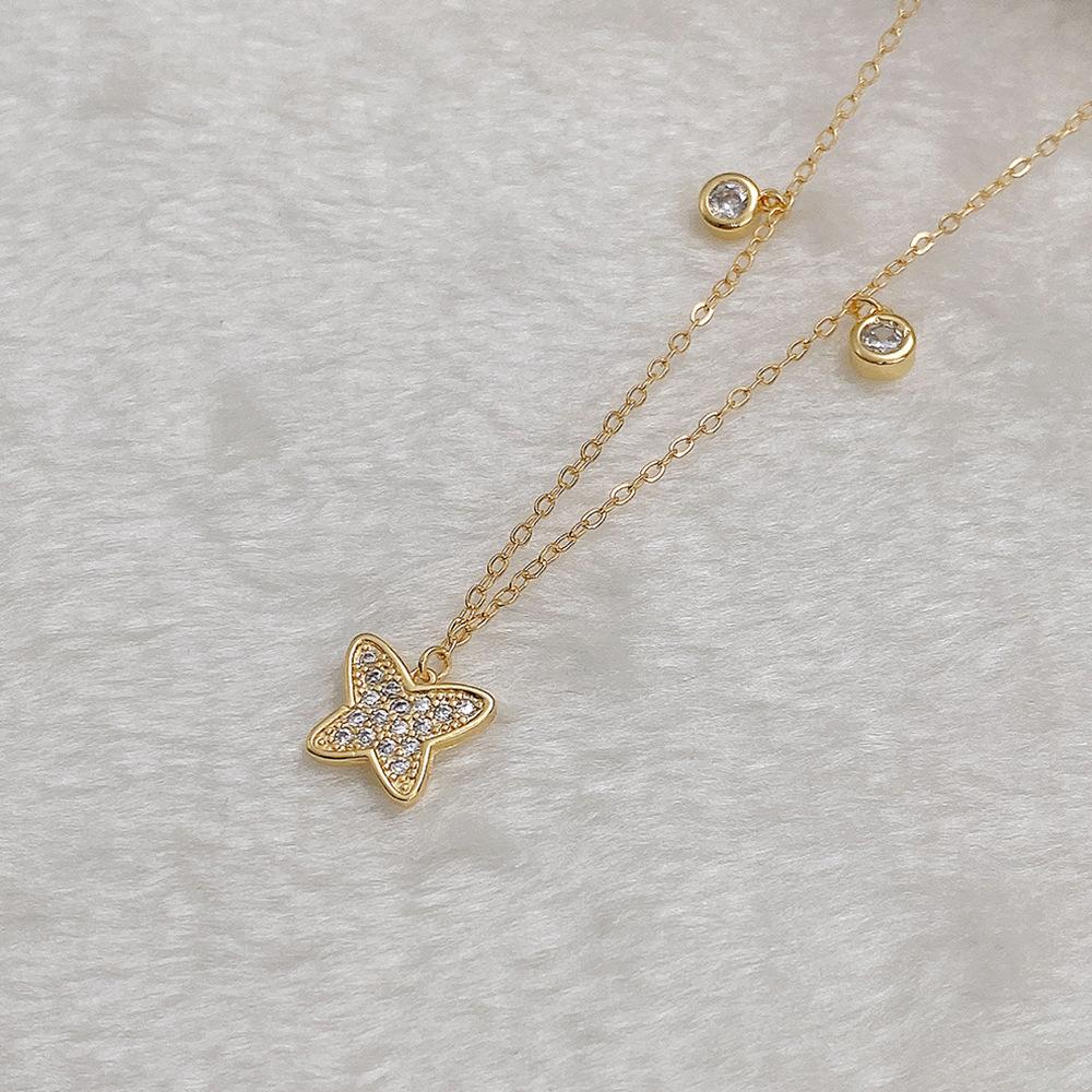 Gold Plated Layered Butterfly CZ Pendant Necklace, Delicate Star & Round CZ Double Chain Necklace for Women