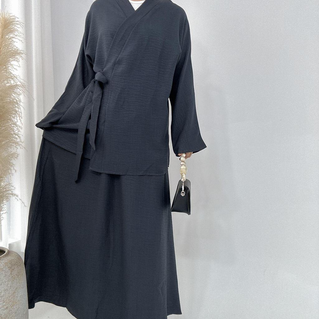 Loriya 2024 Solid Color Casual Lace-Up Dubai Abaya Set (Top & Skirt) LR807