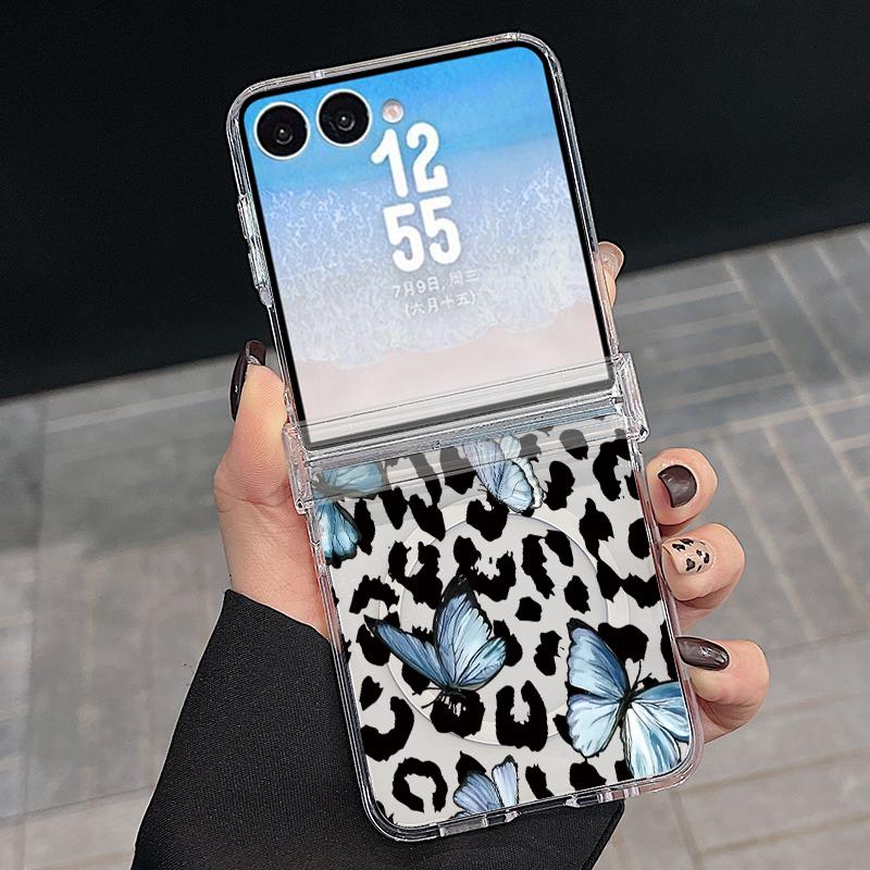 Bowknots Leopard Print Case For Samsung Z Flip 8 7 FE 6 5 Magnetic Clear Hard PC Folding Phone Cover For Galaxy Z Flip8 Flip7 Flip6