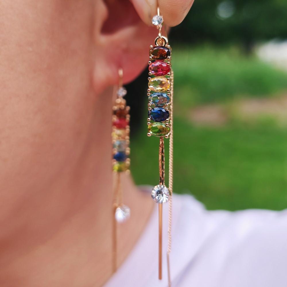 1Pair Fashion Colored Long Rectangle Tassel Cubic Zirconia Ear Line Long Hanging Drop Earrings for Women Piercing Threader Earing Ear Jewelry