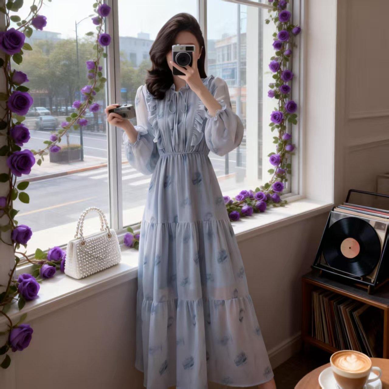

European & American Women s Chic Blue Ice Rose Chiffon Dress with Elastic Waist M ярко-розовый/синий