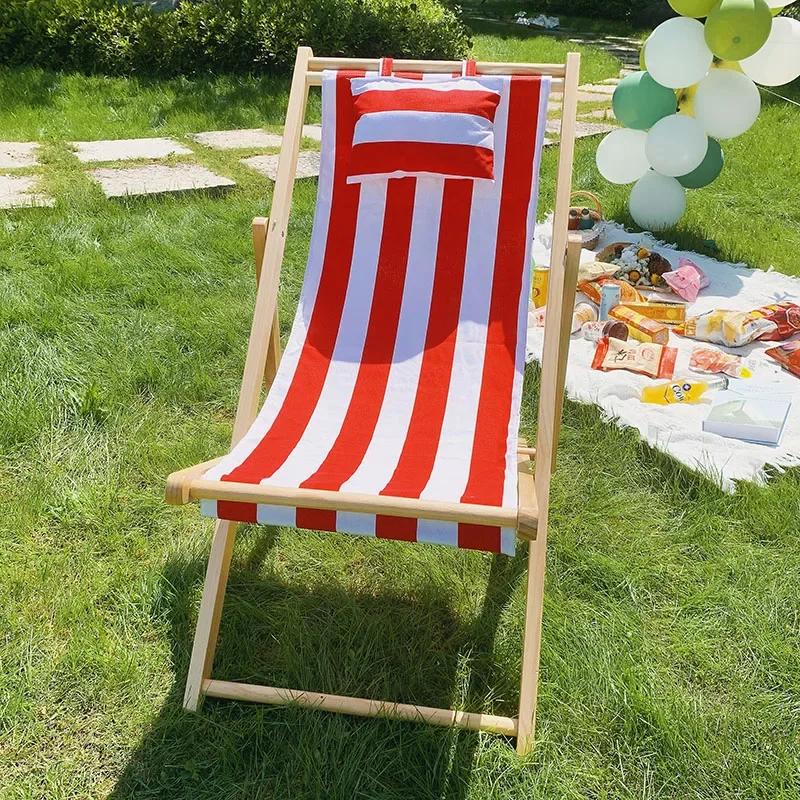 Outdoor Minimalist Beach Chair Modern Luxury Design Wooden Foldable Lounge Oxford Cloth Portable Comfortable Leisure Furniture