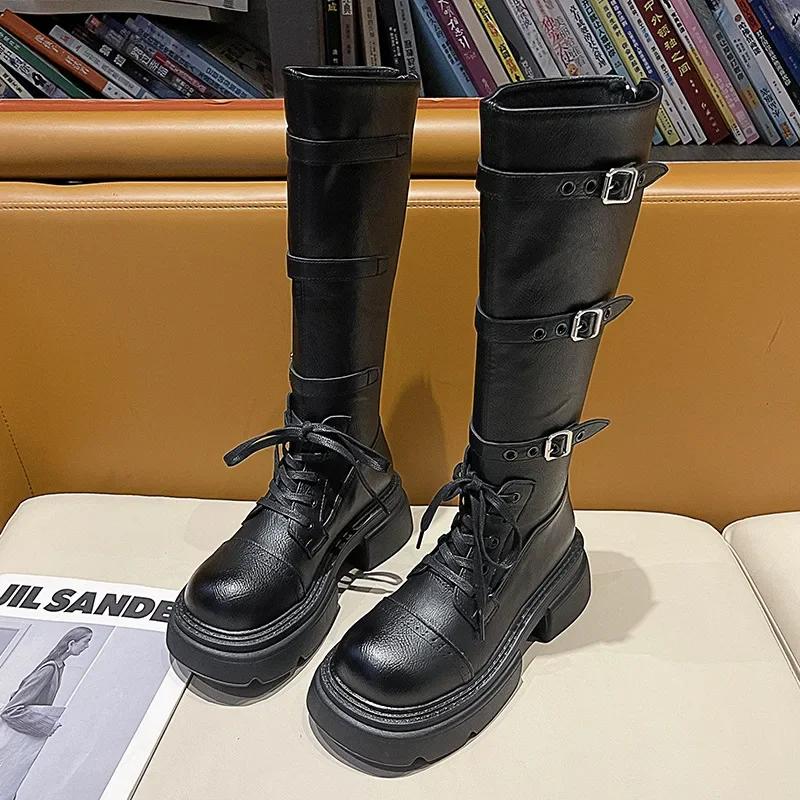 Fashion Fashion Punk Metal Buckle Platform Leather Knight Boots Shoes for Women Designer Soft-soled Autumn Witner Women Knee-high Boots