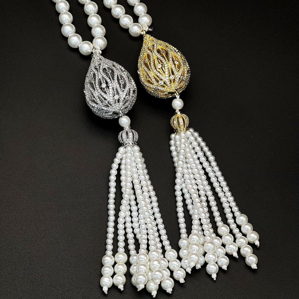 Elegant European & American Light Luxury Tassel Pearl Sweater Chain with 3D Hollow Zircon Pendant