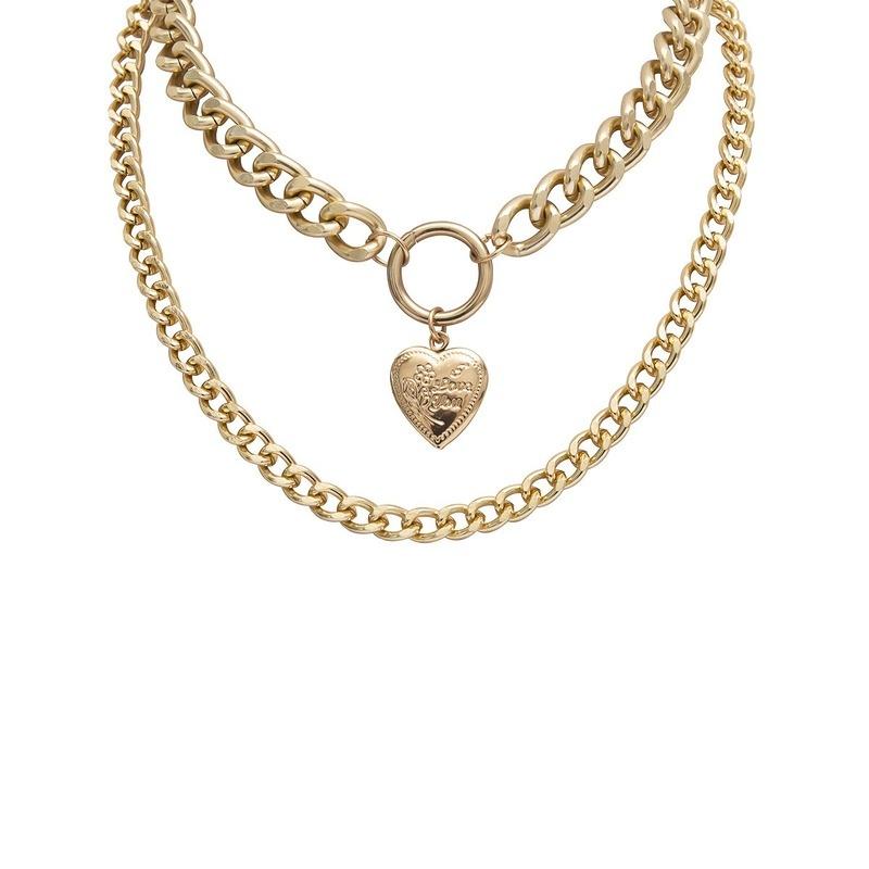 Double-layer Simple Chain Necklace Punk Gold Color Heart Pendant Choker Necklace Fashion Jewelry
