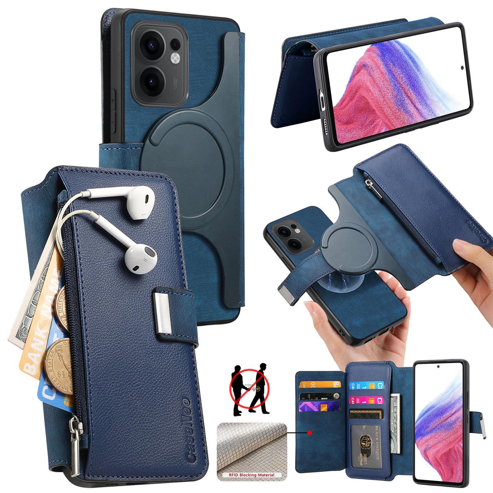 

For Oppo Reno13 F 5G Case CASENEO MW-02 Detachable Magnetic Leather Flip Phone Cover Dark Blue